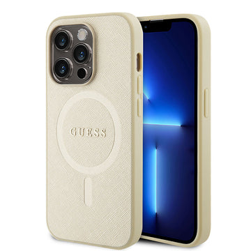 Apple iPhone 15 Pro Max Kılıf Guess Magsafe Şarj Özellikli Saffiano Kapak Bej