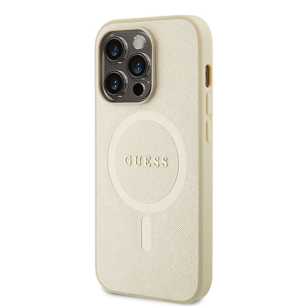 Apple iPhone 15 Pro Max Kılıf Guess Magsafe Şarj Özellikli Saffiano Kapak Bej