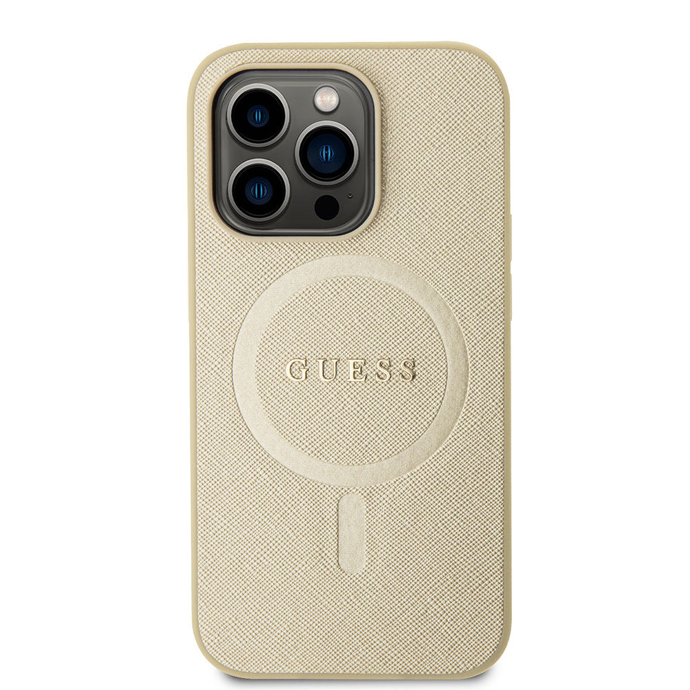 Apple iPhone 15 Pro Max Kılıf Guess Magsafe Şarj Özellikli Saffiano Kapak Bej