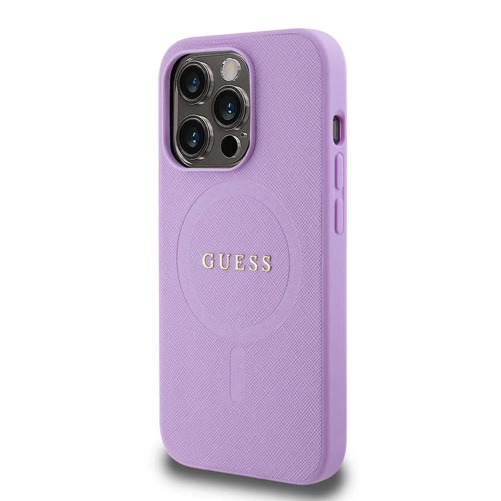 Apple iPhone 15 Pro Max Kılıf Guess Magsafe Şarj Özellikli Saffiano Kapak Mor