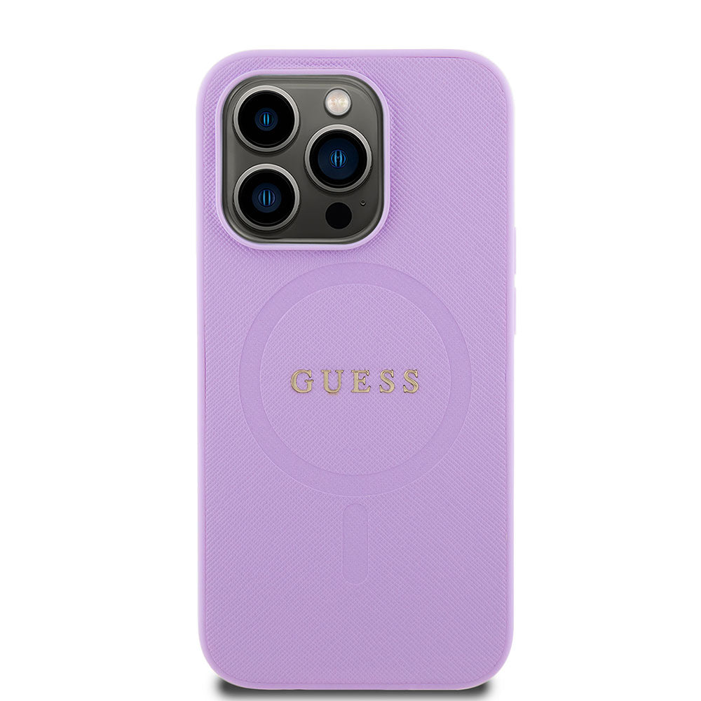 Apple iPhone 15 Pro Max Kılıf Guess Magsafe Şarj Özellikli Saffiano Kapak Mor