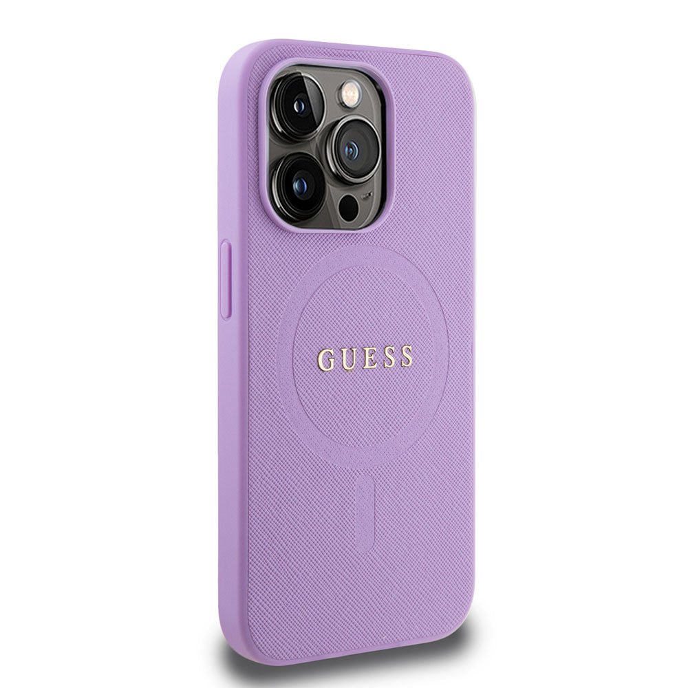 Apple iPhone 15 Pro Max Kılıf Guess Magsafe Şarj Özellikli Saffiano Kapak Mor