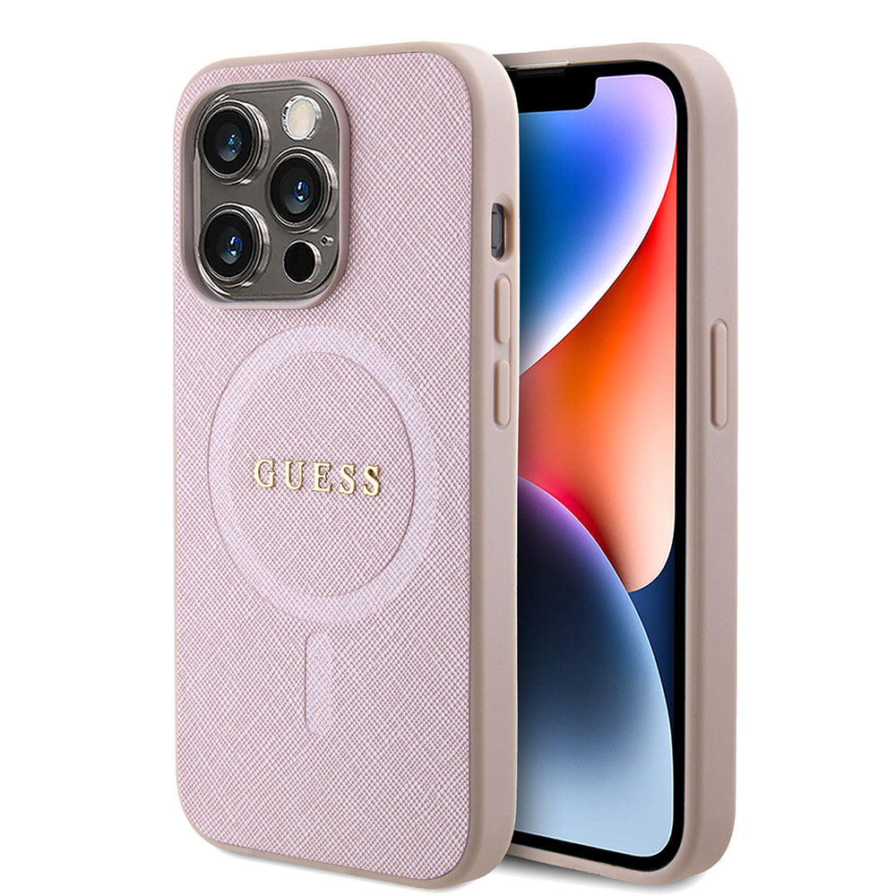 Apple iPhone 15 Pro Max Kılıf Guess Magsafe Şarj Özellikli Saffiano Kapak Pembe