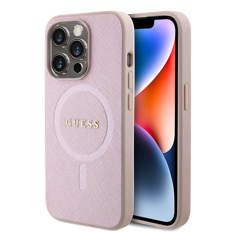Apple iPhone 15 Pro Kılıf Guess Magsafe Şarj Özellikli Saffiano Kapak Pembe