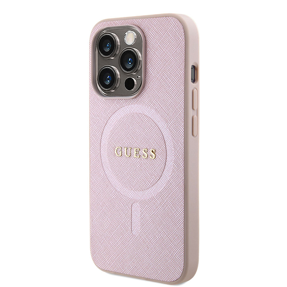 Apple iPhone 15 Pro Max Kılıf Guess Magsafe Şarj Özellikli Saffiano Kapak Pembe