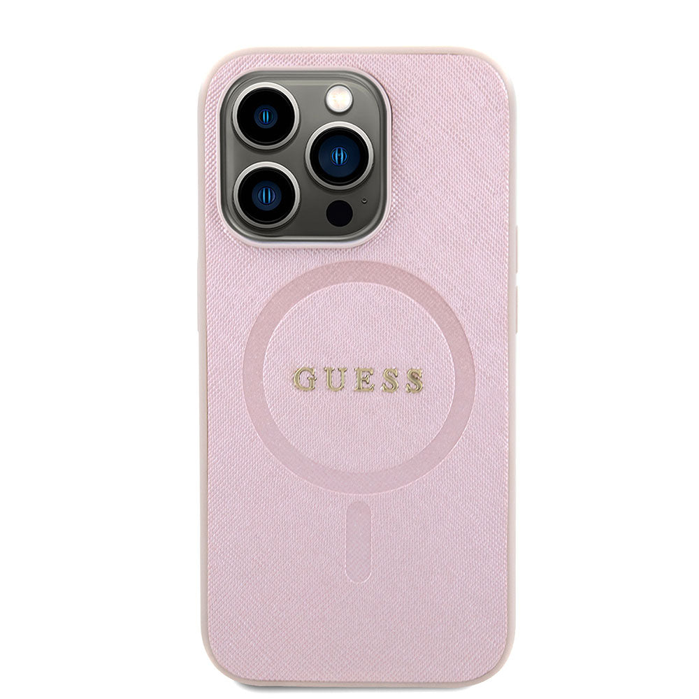 Apple iPhone 15 Pro Max Kılıf Guess Magsafe Şarj Özellikli Saffiano Kapak Pembe