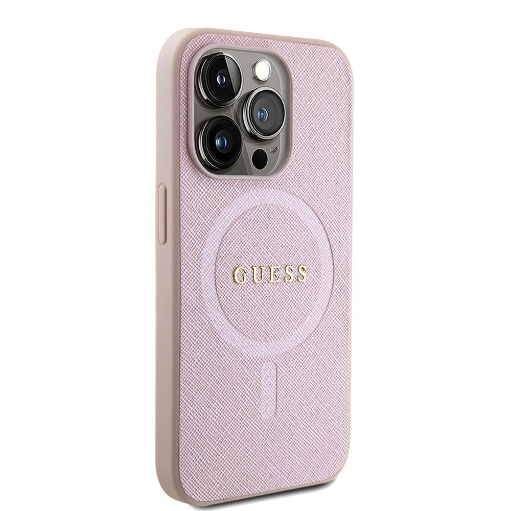 Apple iPhone 15 Pro Max Kılıf Guess Magsafe Şarj Özellikli Saffiano Kapak Pembe