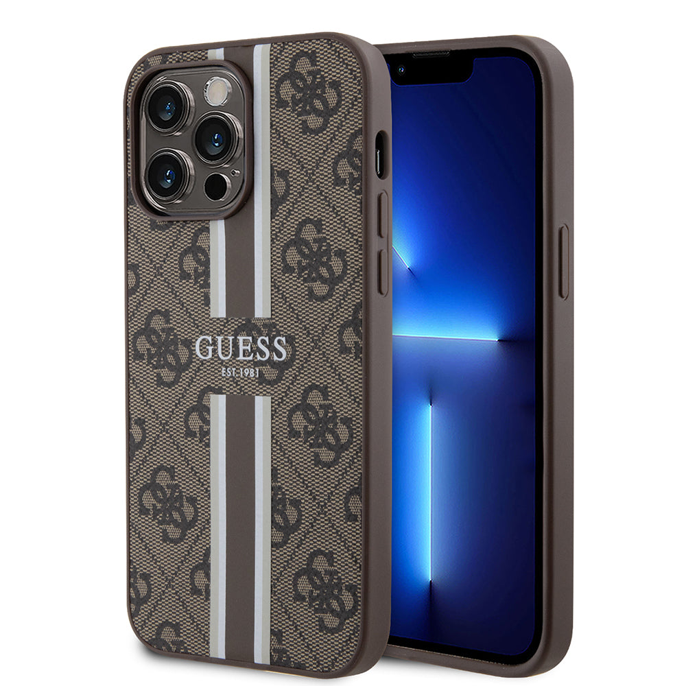 Apple iPhone 15 Pro Kılıf Guess Magsafe Şarj Özellikli Şerit Tasarımlı Kapak Kahverengi
