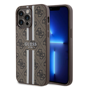 Apple iPhone 14 Pro Max Kılıf Guess Magsafe Şarj Özellikli Şerit Tasarımlı Kapak Kahverengi