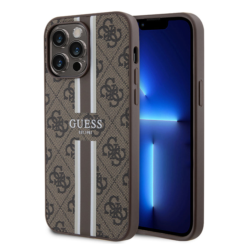 Apple iPhone 14 Pro Max Kılıf Guess Magsafe Şarj Özellikli Şerit Tasarımlı Kapak Kahverengi