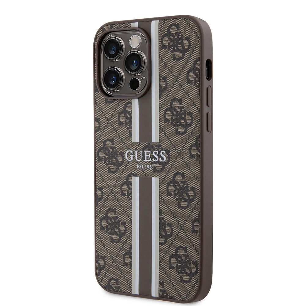 Apple iPhone 15 Pro Kılıf Guess Magsafe Şarj Özellikli Şerit Tasarımlı Kapak Kahverengi