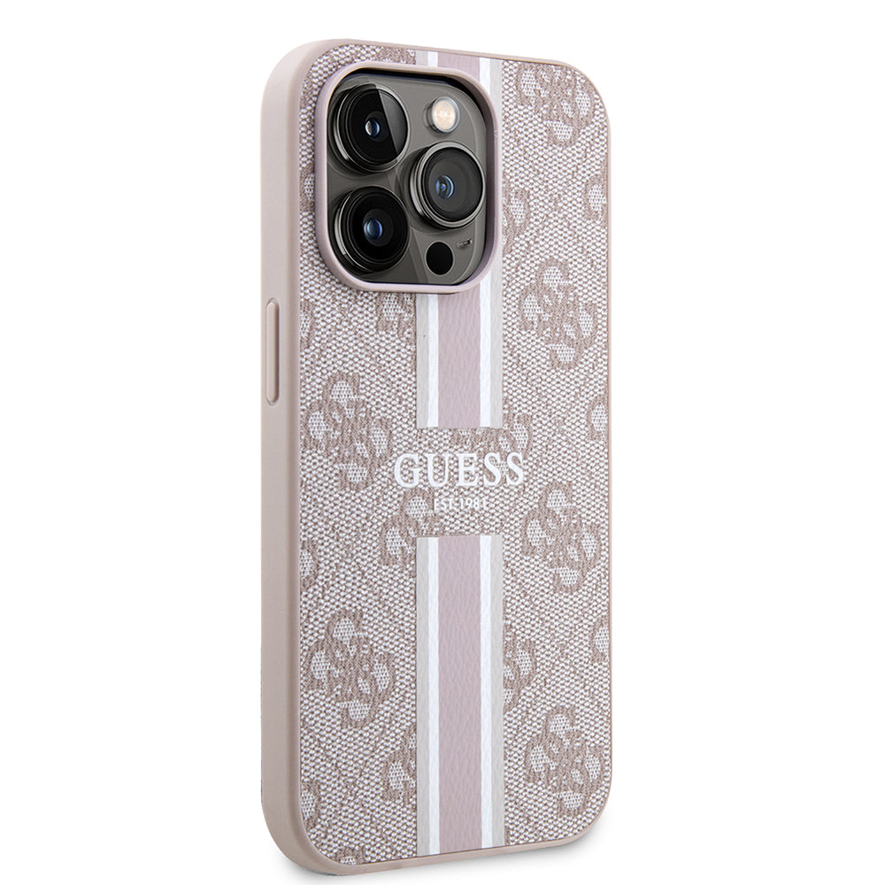 Apple iPhone 15 Pro Kılıf Guess Magsafe Şarj Özellikli Şerit Tasarımlı Kapak Pembe