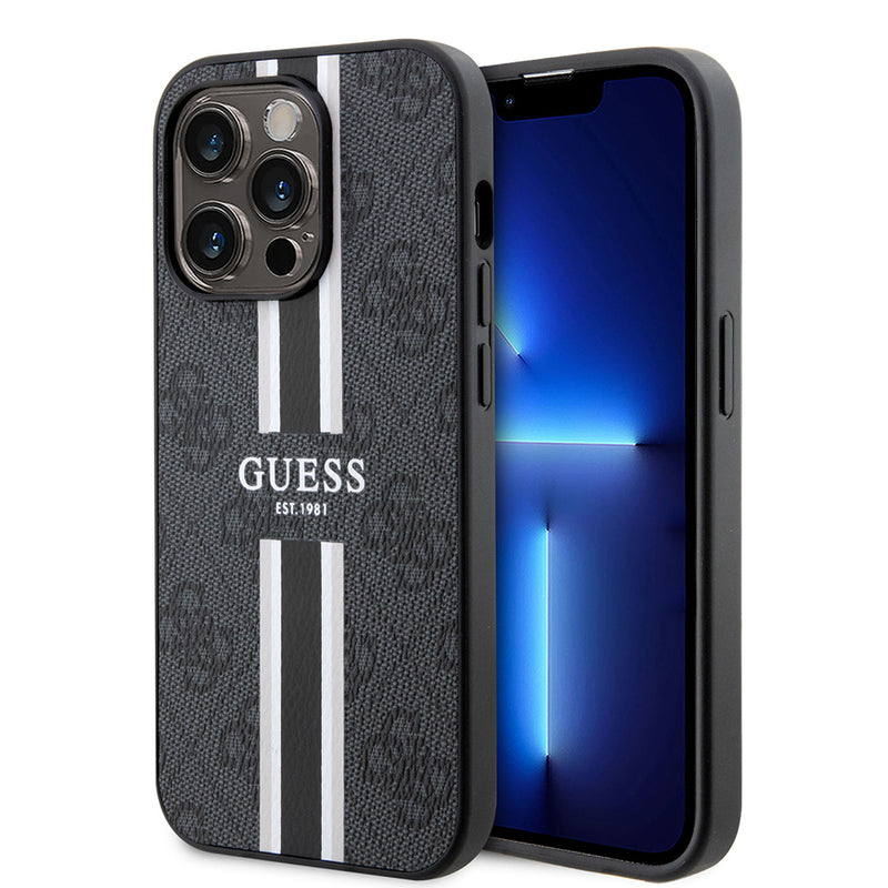 Apple iPhone 15 Pro Max Kılıf Guess Magsafe Şarj Özellikli Şerit Tasarımlı Kapak Siyah