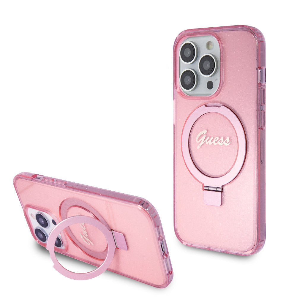 Apple iPhone 15 Pro Max Kılıf Guess Magsafe Şarj Özellikli Simli Ring Standlı Kapak Pembe