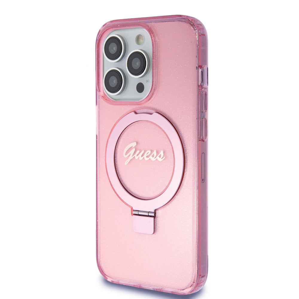 Apple iPhone 15 Pro Max Kılıf Guess Magsafe Şarj Özellikli Simli Ring Standlı Kapak Pembe