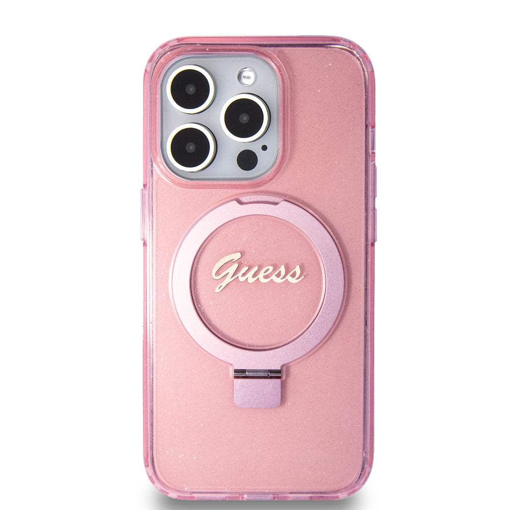 Apple iPhone 15 Pro Max Kılıf Guess Magsafe Şarj Özellikli Simli Ring Standlı Kapak Pembe