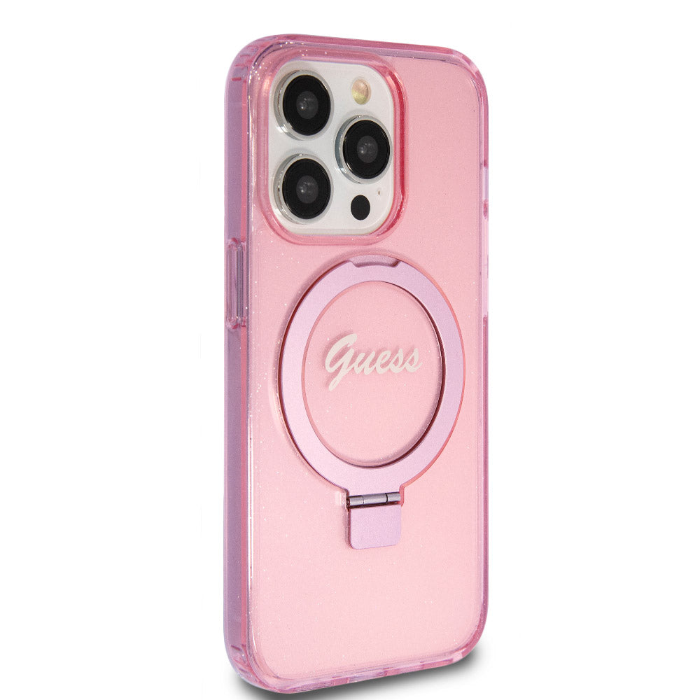 Apple iPhone 15 Pro Max Kılıf Guess Magsafe Şarj Özellikli Simli Ring Standlı Kapak Pembe