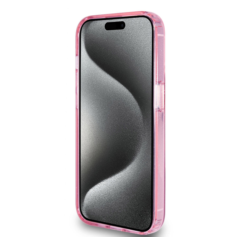 Apple iPhone 15 Pro Max Kılıf Guess Magsafe Şarj Özellikli Simli Ring Standlı Kapak Pembe