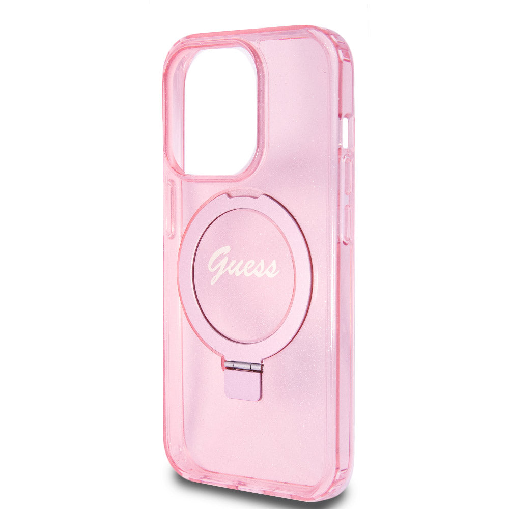 Apple iPhone 15 Pro Max Kılıf Guess Magsafe Şarj Özellikli Simli Ring Standlı Kapak Pembe