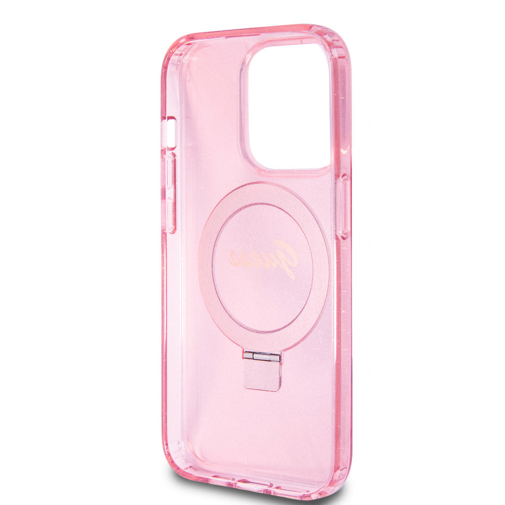 Apple iPhone 15 Pro Max Kılıf Guess Magsafe Şarj Özellikli Simli Ring Standlı Kapak Pembe