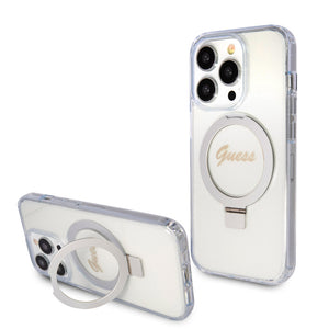 Apple iPhone 15 Pro Kılıf Guess Magsafe Şarj Özellikli Simli Ring Standlı Kapak Şeffaf