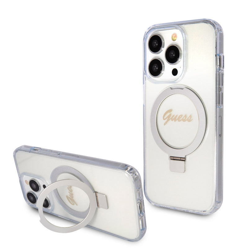 Apple iPhone 15 Pro Kılıf Guess Magsafe Şarj Özellikli Simli Ring Standlı Kapak Şeffaf