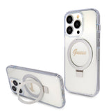 Apple iPhone 15 Pro Kılıf Guess Magsafe Şarj Özellikli Simli Ring Standlı Kapak Şeffaf