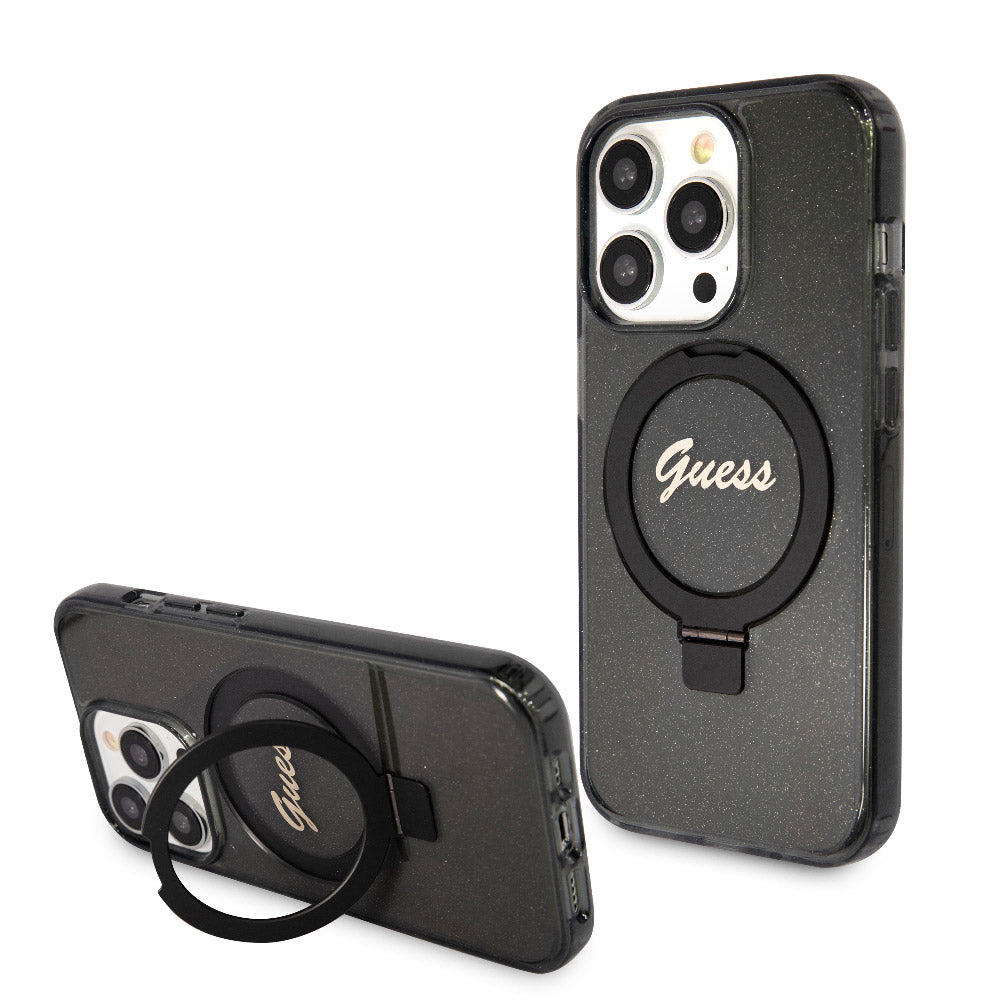Apple iPhone 15 Pro Max Kılıf Guess Magsafe Şarj Özellikli Simli Ring Standlı Kapak Siyah