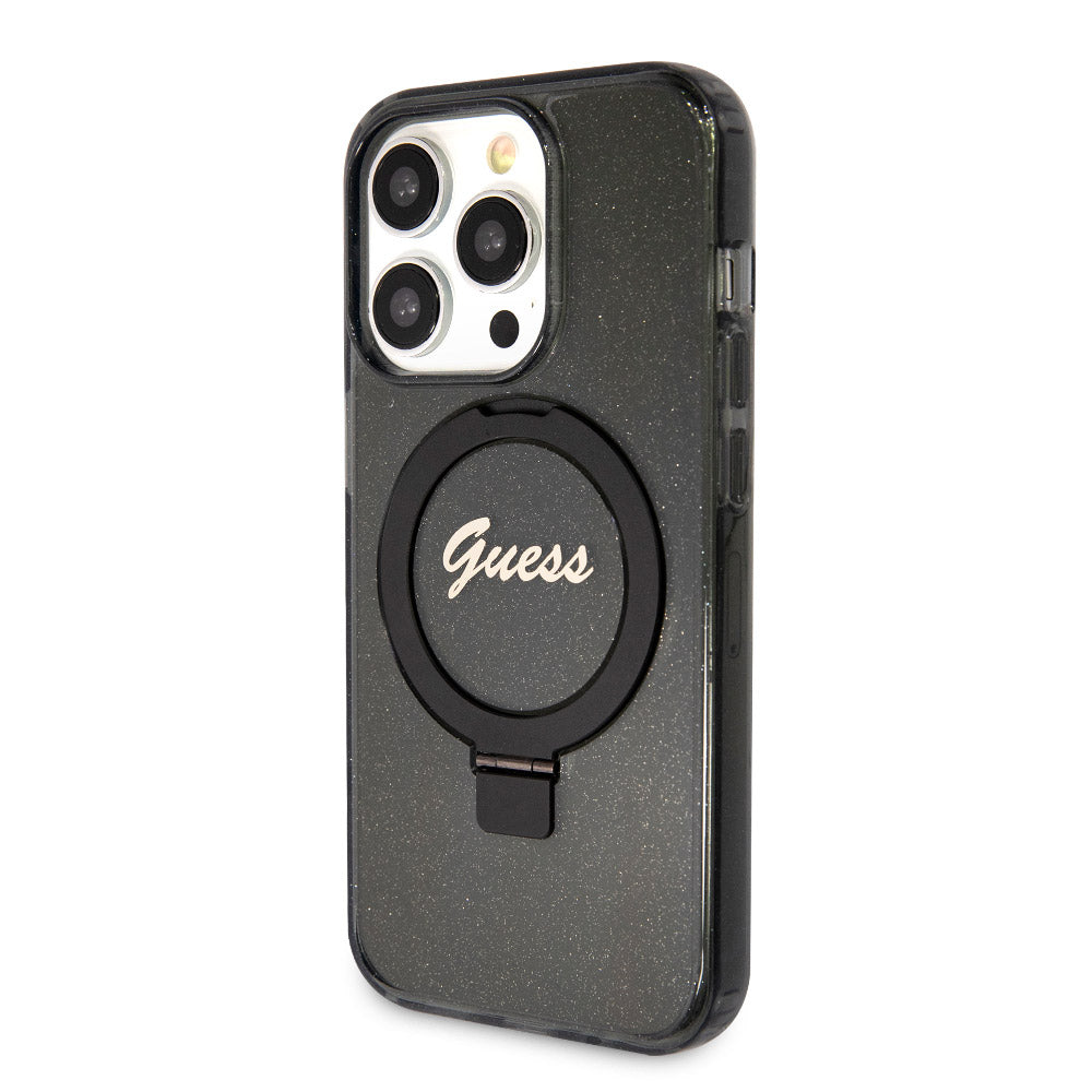 Apple iPhone 15 Pro Max Kılıf Guess Magsafe Şarj Özellikli Simli Ring Standlı Kapak Siyah