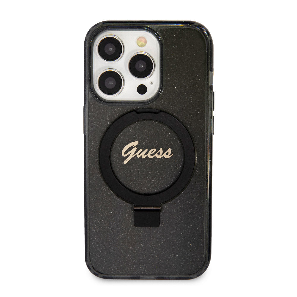 Apple iPhone 15 Pro Max Kılıf Guess Magsafe Şarj Özellikli Simli Ring Standlı Kapak Siyah