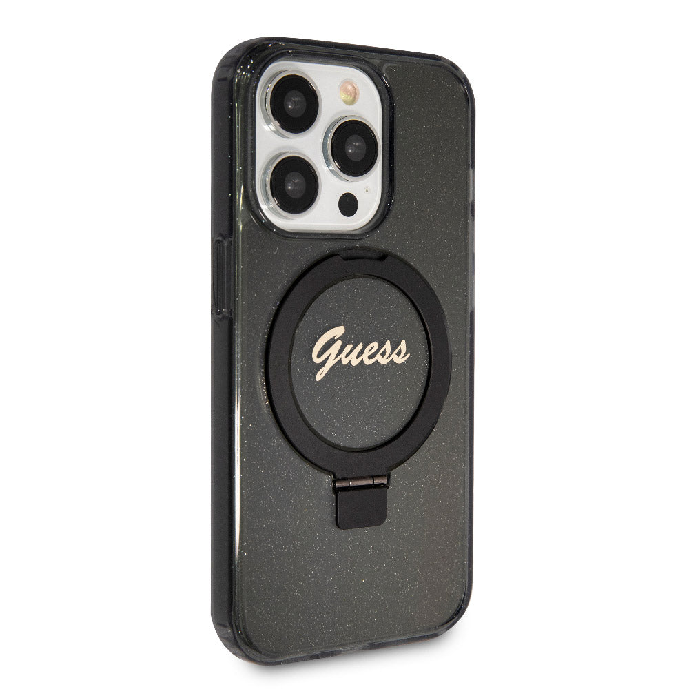 Apple iPhone 15 Pro Max Kılıf Guess Magsafe Şarj Özellikli Simli Ring Standlı Kapak Siyah