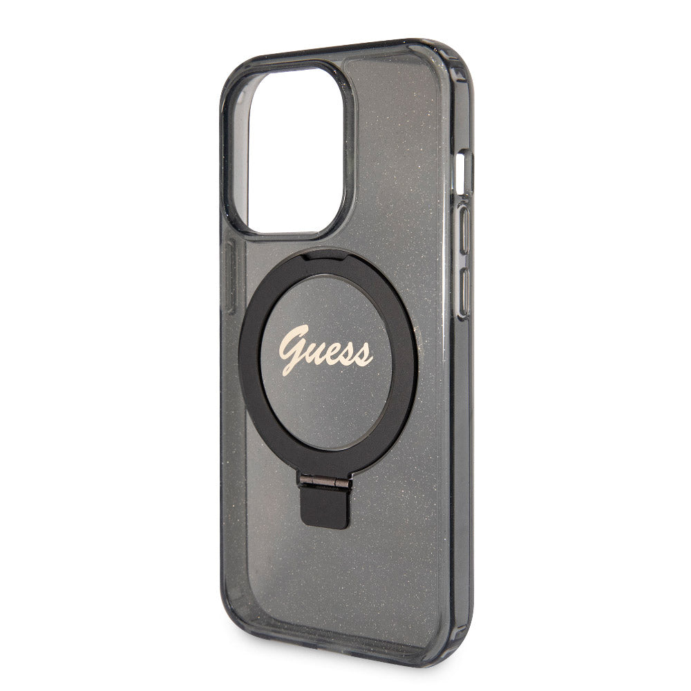 Apple iPhone 15 Pro Max Kılıf Guess Magsafe Şarj Özellikli Simli Ring Standlı Kapak Siyah