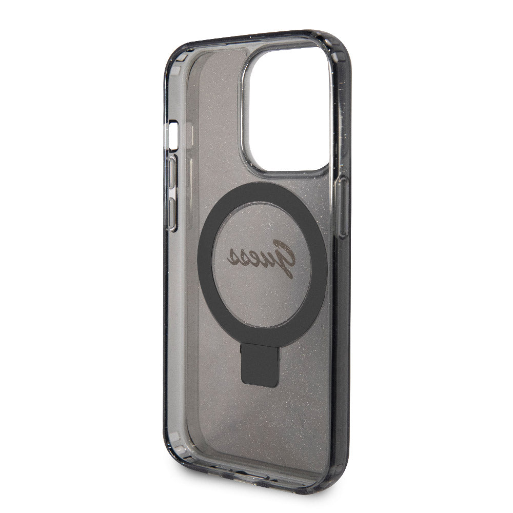 Apple iPhone 15 Pro Max Kılıf Guess Magsafe Şarj Özellikli Simli Ring Standlı Kapak Siyah