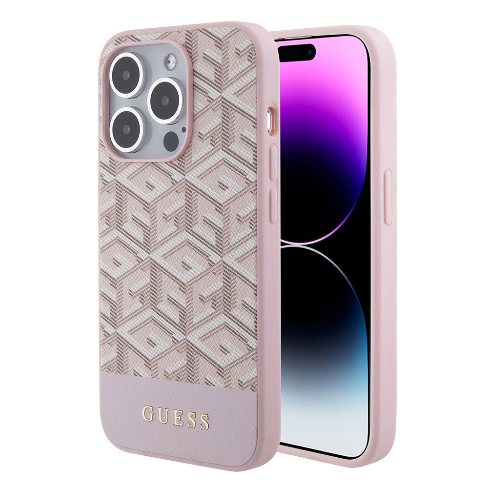 Apple iPhone 15 Pro Kılıf Guess Magsafe Şarj Özellikli Yazı Logolu GCube Desenli Kapak Pembe