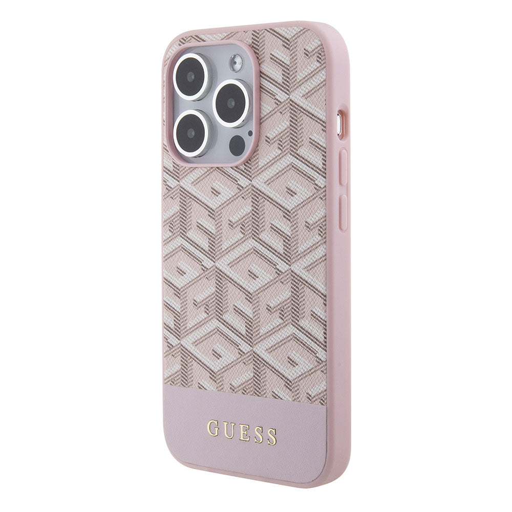 Apple iPhone 15 Pro Max Kılıf Guess Magsafe Şarj Özellikli Yazı Logolu GCube Desenli Kapak Pembe