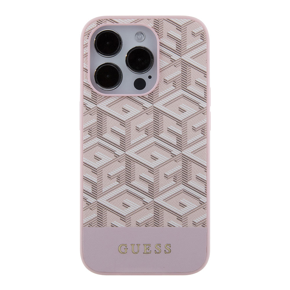 Apple iPhone 15 Pro Kılıf Guess Magsafe Şarj Özellikli Yazı Logolu GCube Desenli Kapak Pembe