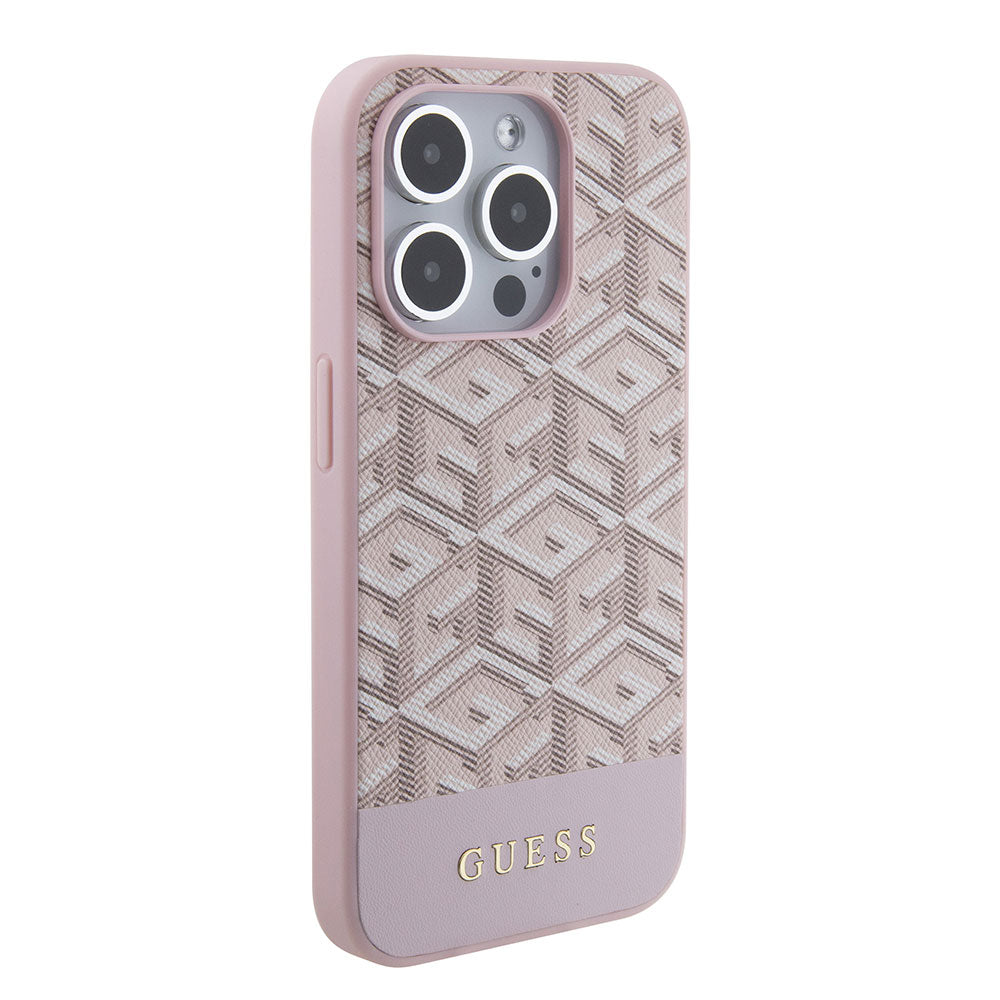 Apple iPhone 15 Pro Kılıf Guess Magsafe Şarj Özellikli Yazı Logolu GCube Desenli Kapak Pembe