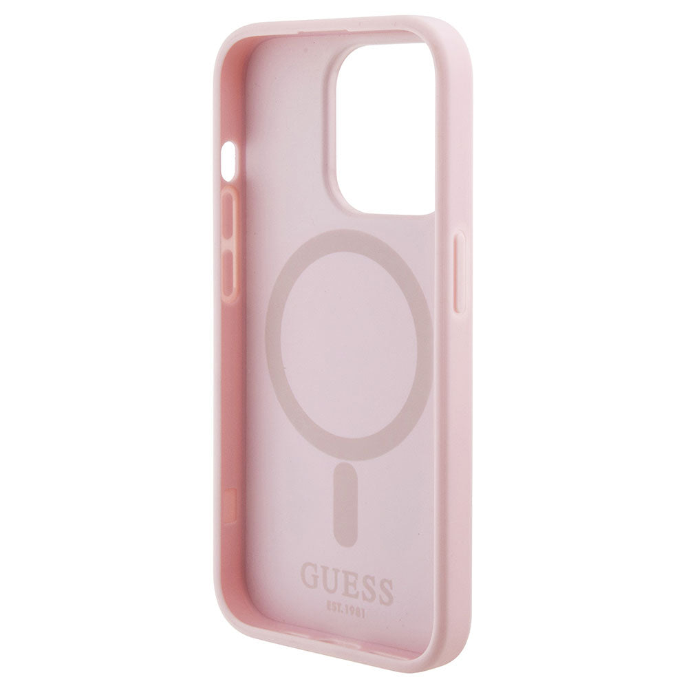 Apple iPhone 15 Pro Kılıf Guess Magsafe Şarj Özellikli Yazı Logolu GCube Desenli Kapak Pembe