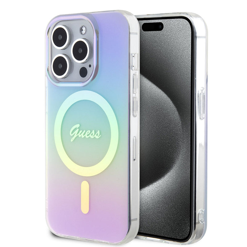 Apple iPhone 15 Pro Kılıf Guess Magsafe Şarj Özellikli Yazı Logolu Iridescent Kapak Mor