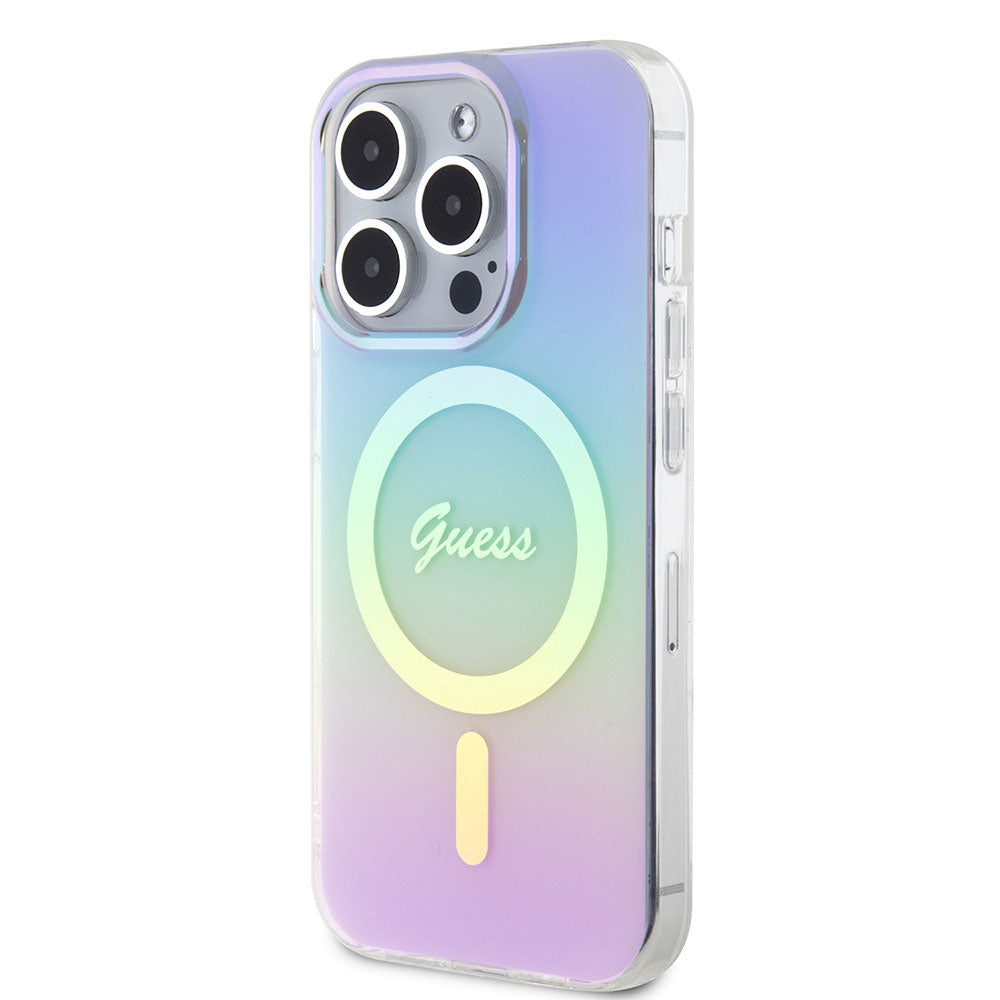 Apple iPhone 15 Pro Kılıf Guess Magsafe Şarj Özellikli Yazı Logolu Iridescent Kapak Mor