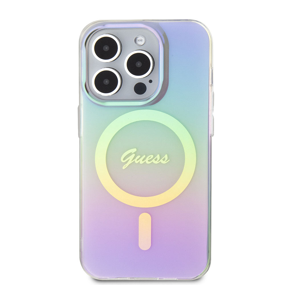 Apple iPhone 15 Pro Kılıf Guess Magsafe Şarj Özellikli Yazı Logolu Iridescent Kapak Mor