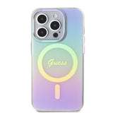 Apple iPhone 15 Pro Max Kılıf Guess Magsafe Şarj Özellikli Yazı Logolu Iridescent Kapak Mor