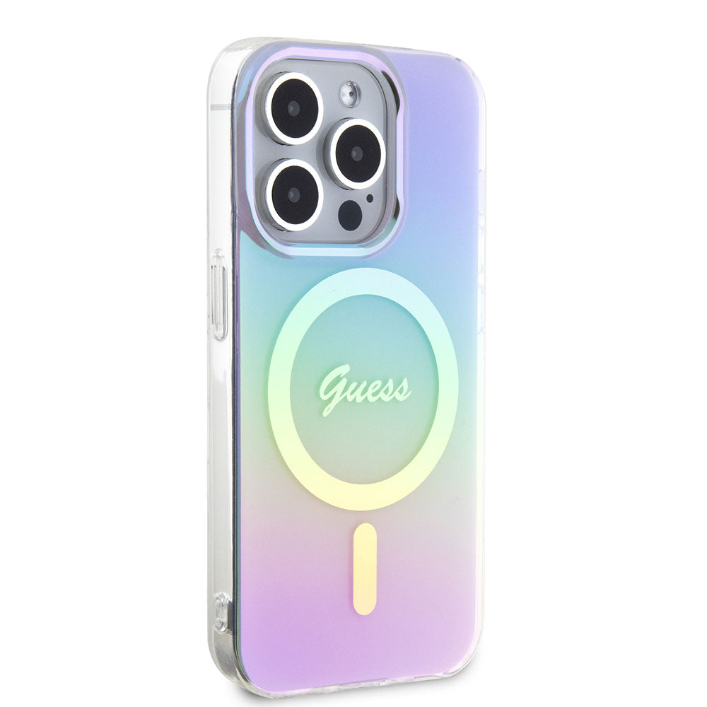 Apple iPhone 15 Pro Kılıf Guess Magsafe Şarj Özellikli Yazı Logolu Iridescent Kapak Mor