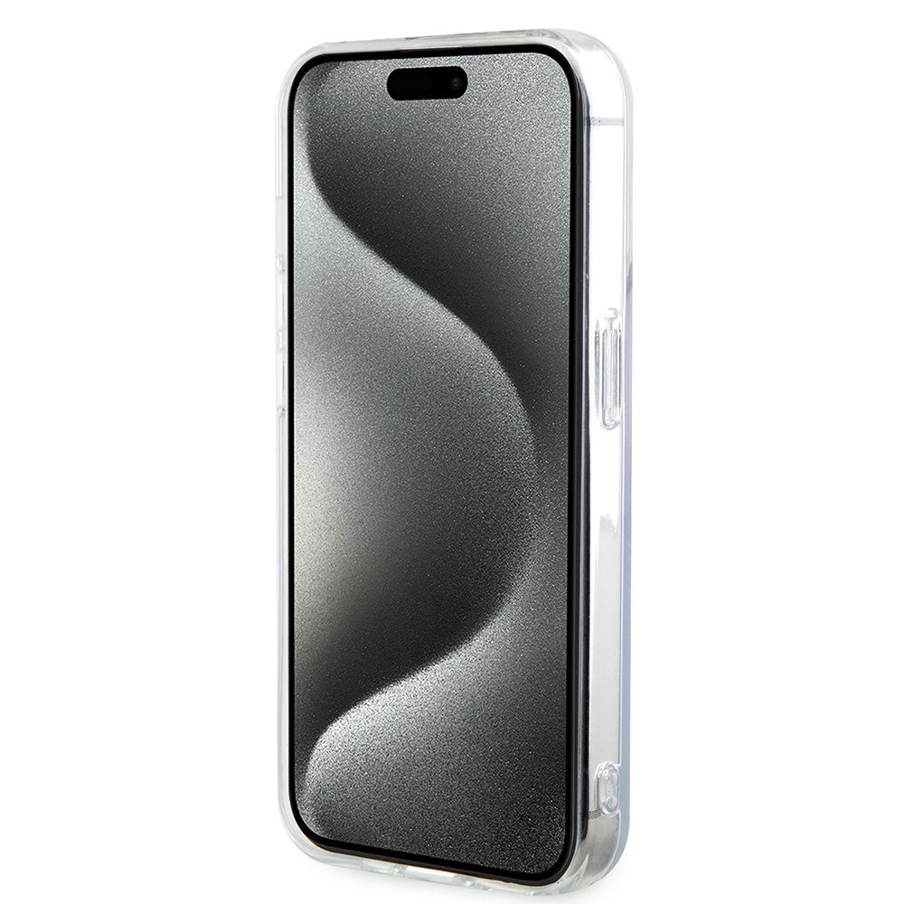Apple iPhone 15 Pro Kılıf Guess Magsafe Şarj Özellikli Yazı Logolu Iridescent Kapak Mor