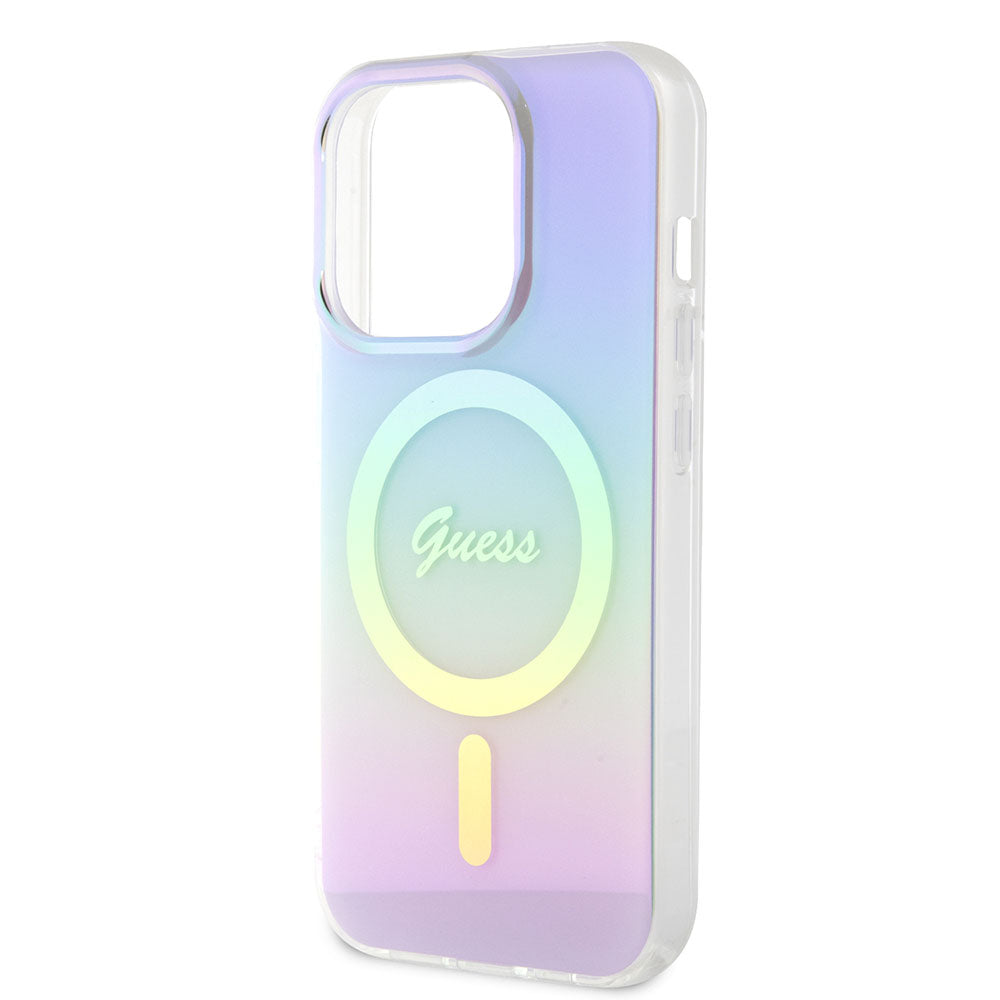Apple iPhone 15 Pro Kılıf Guess Magsafe Şarj Özellikli Yazı Logolu Iridescent Kapak Mor