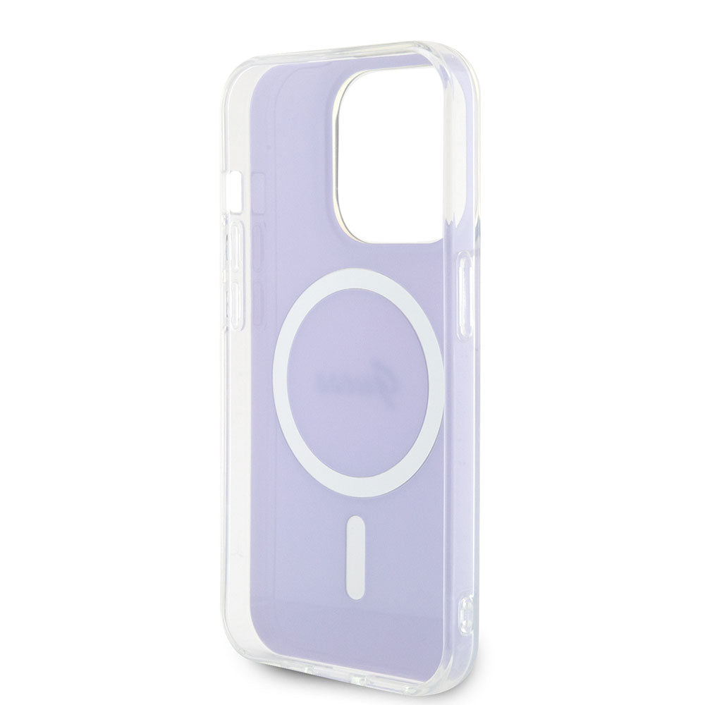 Apple iPhone 15 Pro Kılıf Guess Magsafe Şarj Özellikli Yazı Logolu Iridescent Kapak Mor