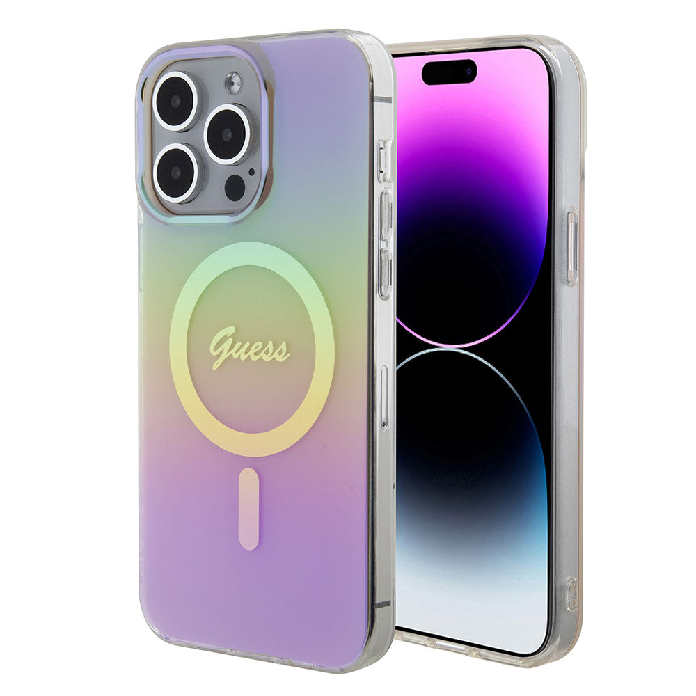 Apple iPhone 15 Pro Kılıf Guess Magsafe Şarj Özellikli Yazı Logolu Iridescent Kapak Pembe