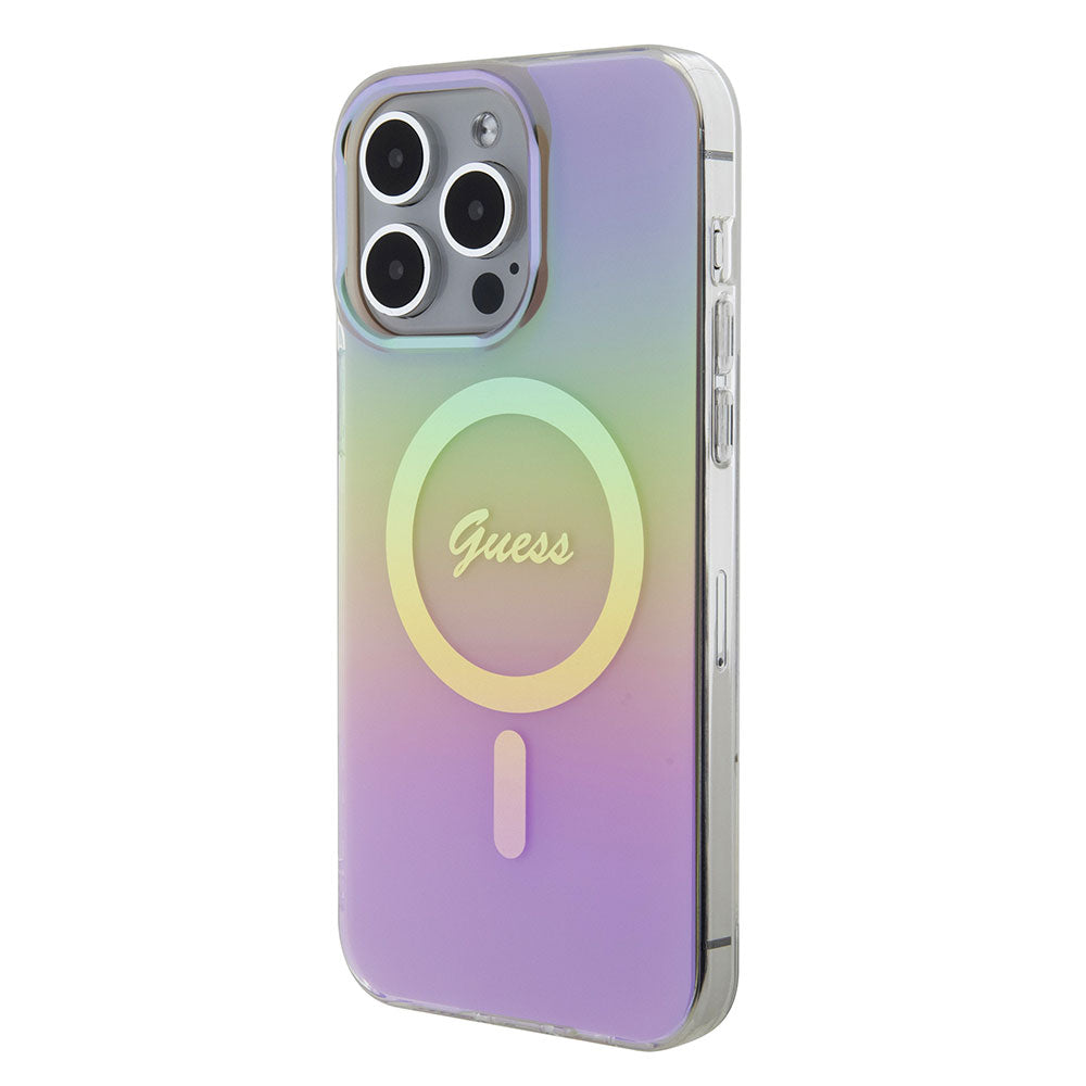 Apple iPhone 15 Pro Kılıf Guess Magsafe Şarj Özellikli Yazı Logolu Iridescent Kapak Pembe