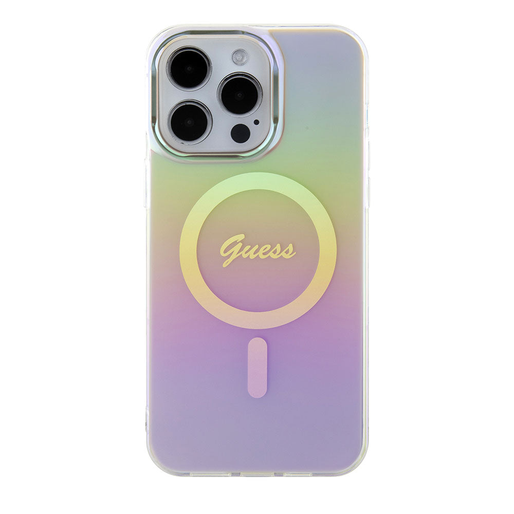Apple iPhone 15 Pro Kılıf Guess Magsafe Şarj Özellikli Yazı Logolu Iridescent Kapak Pembe