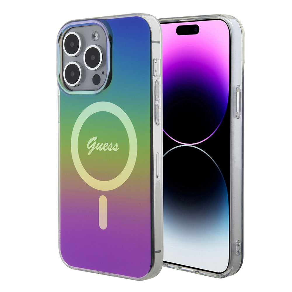 Apple iPhone 15 Pro Kılıf Guess Magsafe Şarj Özellikli Yazı Logolu Iridescent Kapak Siyah